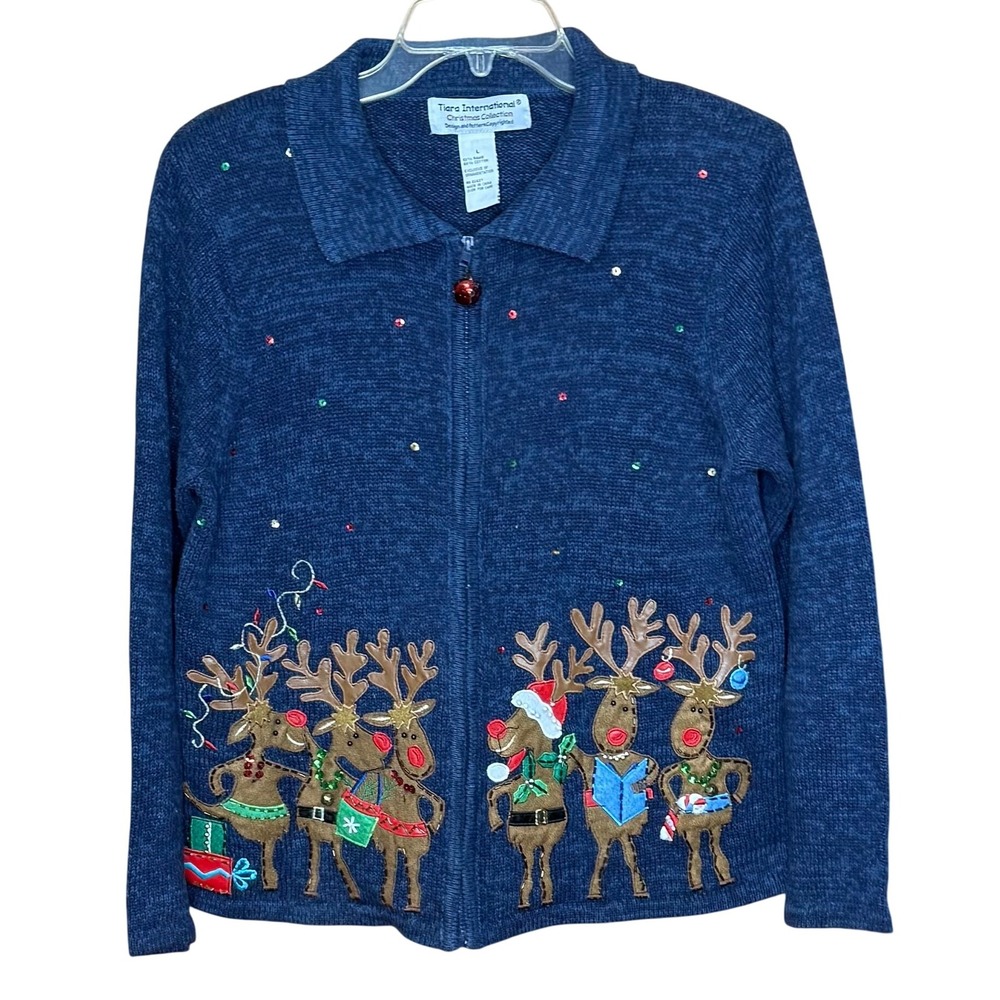 Tiara International Christmas Reindeer with Bells Zip Knit L Sweater Holiday Y2K